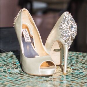 Badgley Mischka Champagne Satin Peep-Toe Pumps with Crystal Back Detail